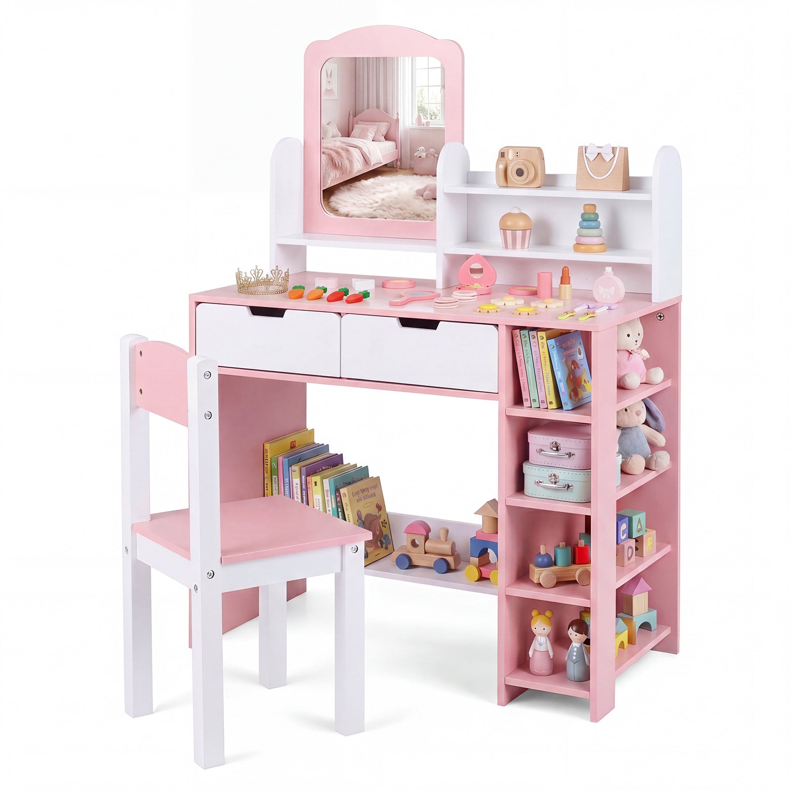 Barnsminkbord, – frisörsbord med spegel och pall, kosmetikbord hyllor lådor – 2