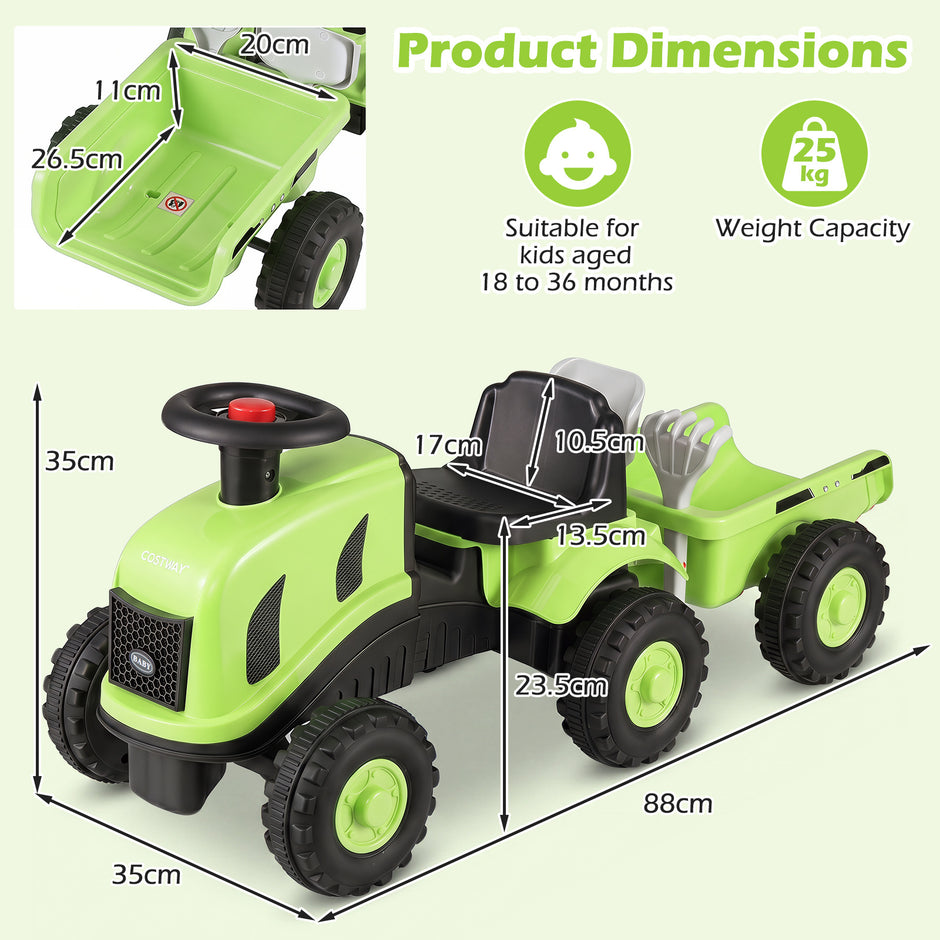 Barntraktor – med släp, tuta och ergonomisk sits, i rutschfordon max belastning – 2 1 25 kg