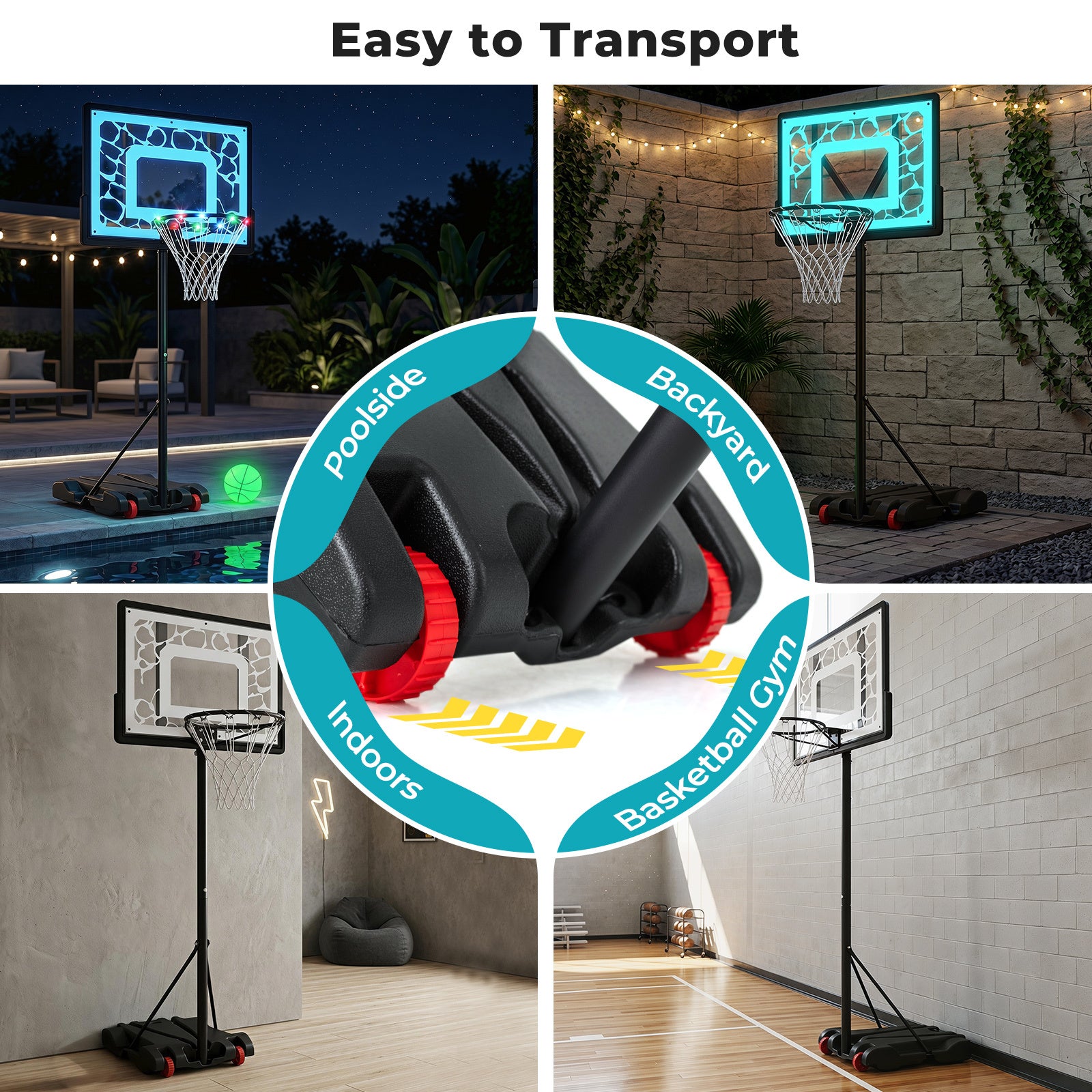 Basketbollkorg, – höjdjusterbar cm, basketbollställ med LED ljusslinga, fyllbar fotbas – 164-193