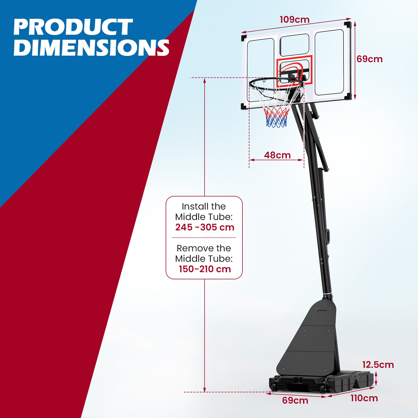 Basketkorg – med hjul, 150‑305 cm höjdjusterbar basketställare PC‑bakplatta