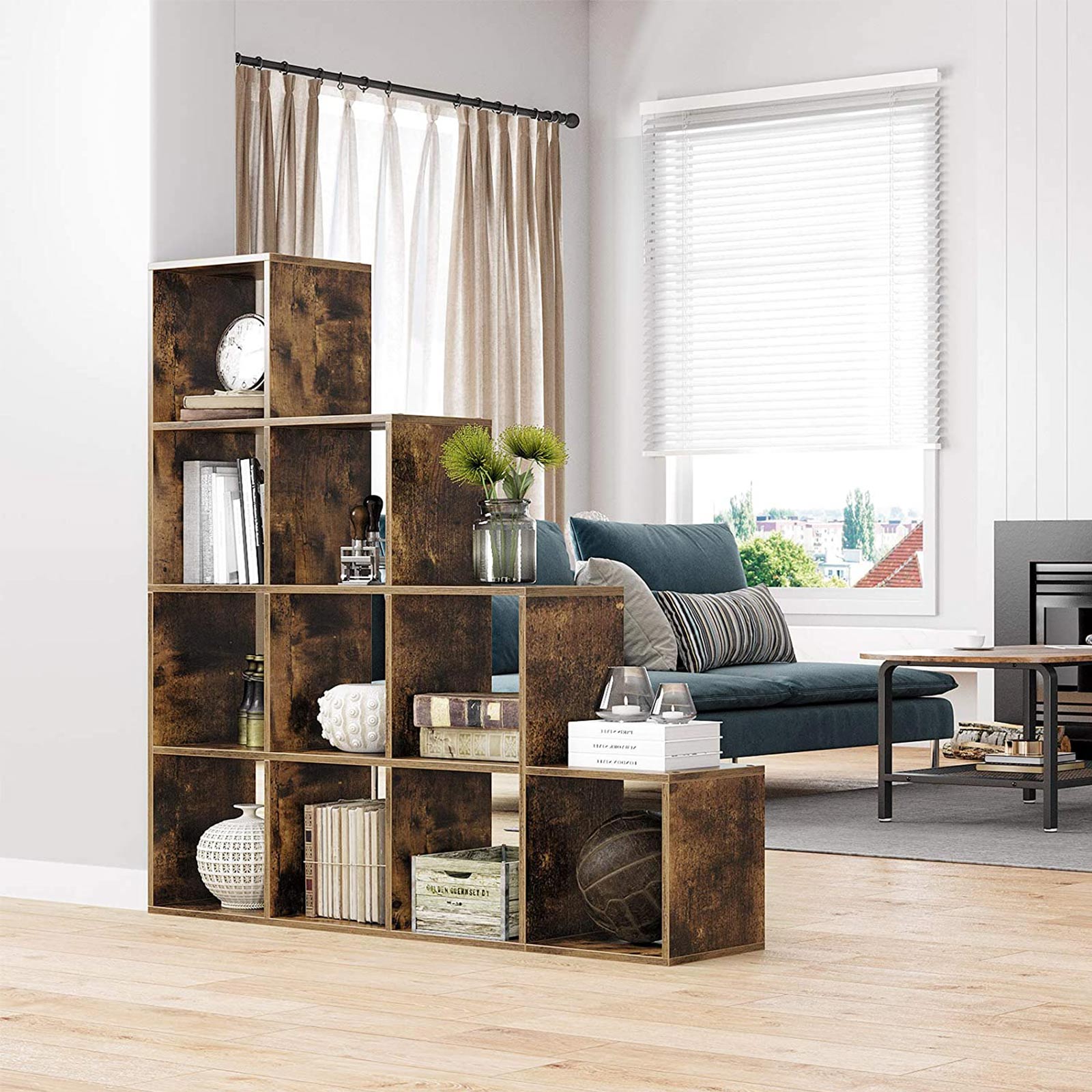 Bokhylla - förvaringsskåp med 10 hyllor - mörkbrun - vintage design