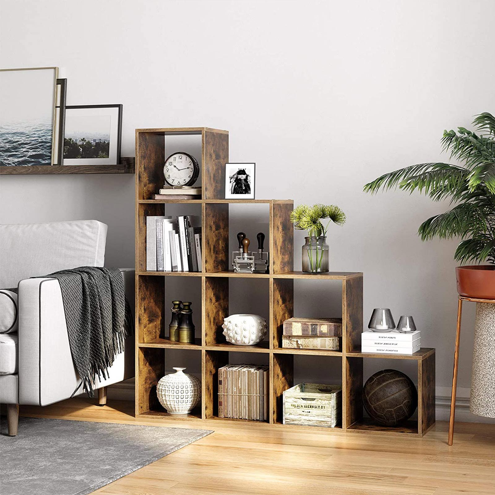 Bokhylla - förvaringsskåp med 10 hyllor - mörkbrun - vintage design