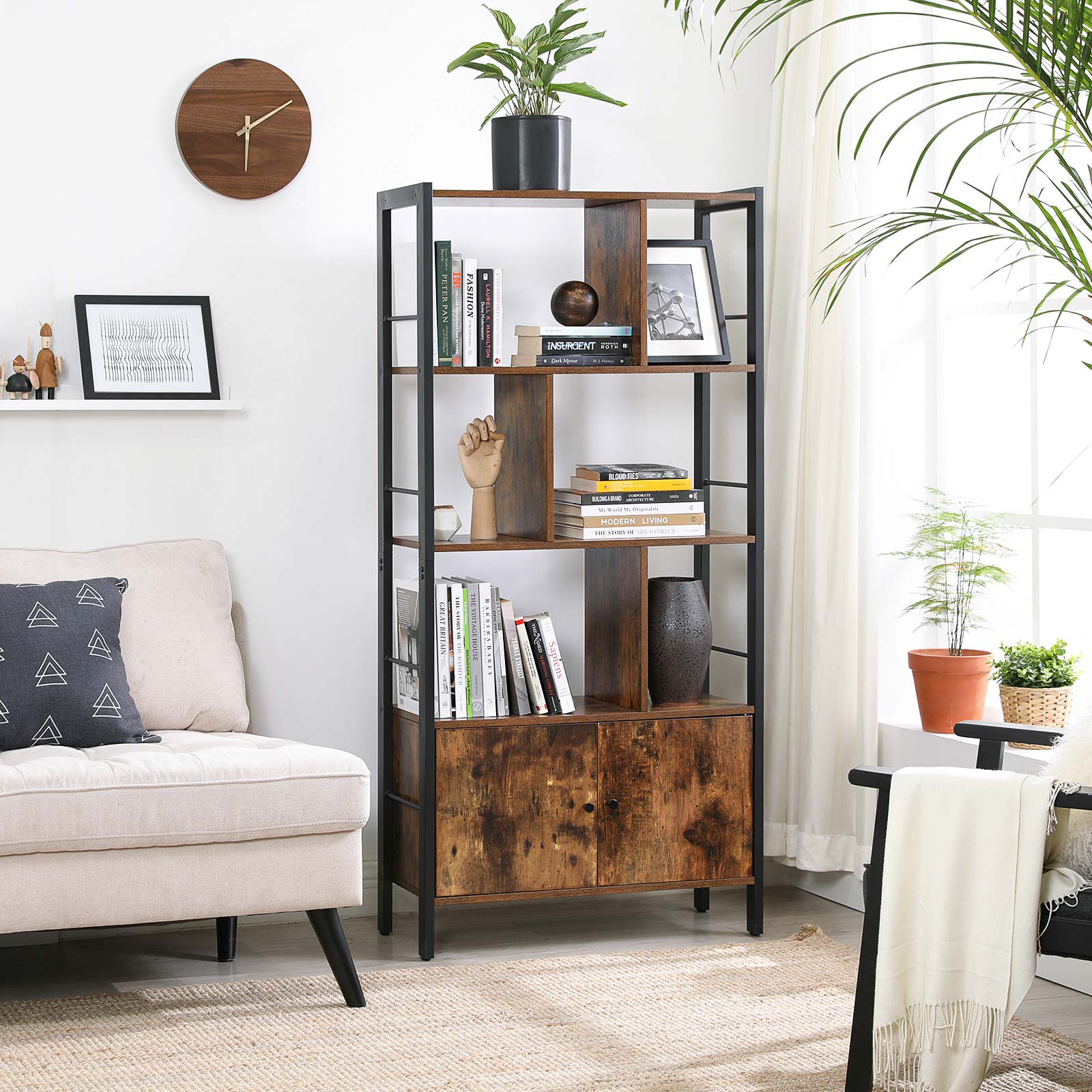 Bokhylla - vardagsrumskåp - förvaringsskåp - stående rack - vintage brun/svart