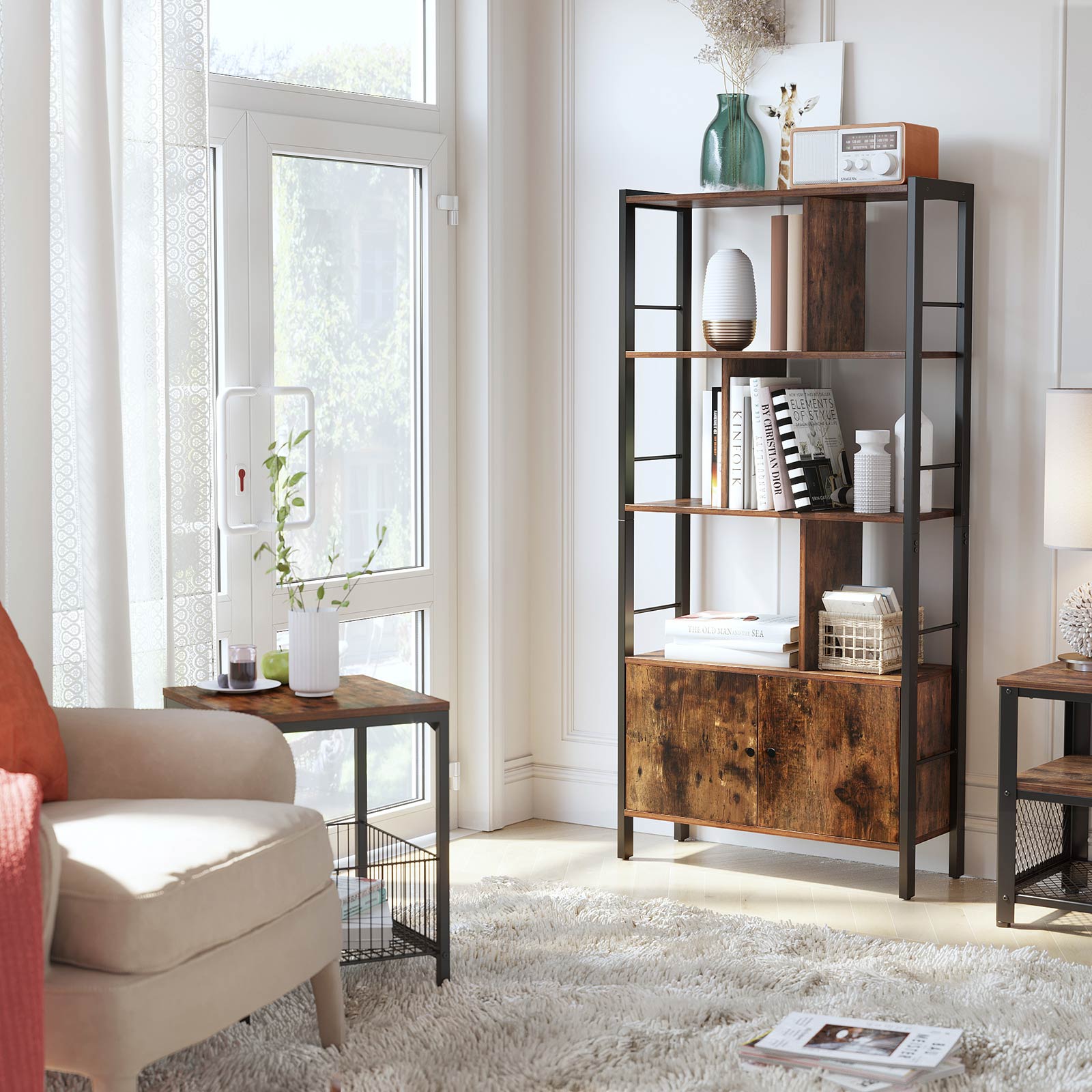 Bokhylla - vardagsrumskåp - förvaringsskåp - stående rack - vintage brun/svart