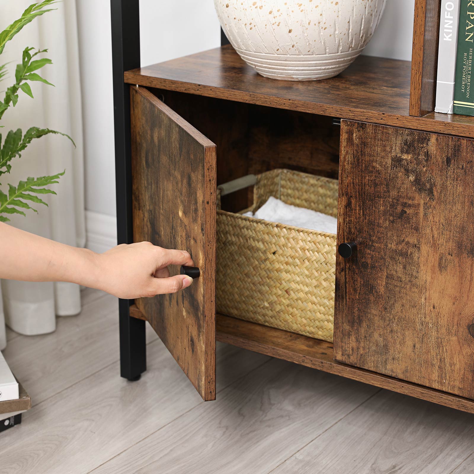 Bokhylla - vardagsrumskåp - förvaringsskåp - stående rack - vintage brun/svart