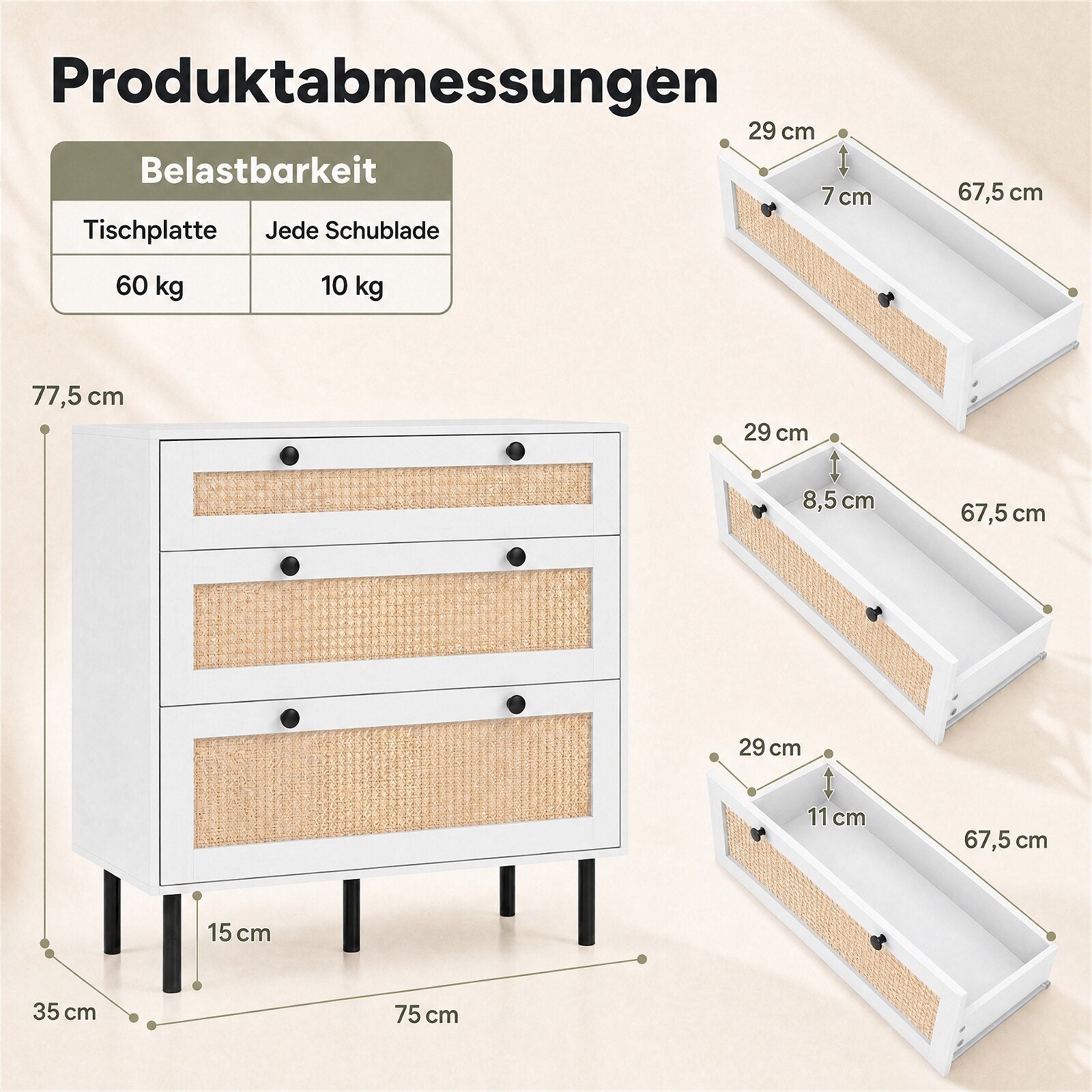 Byrå, – lådskåp med rattanlådor Vitt – 3 75 x 35 x 77,5 cm