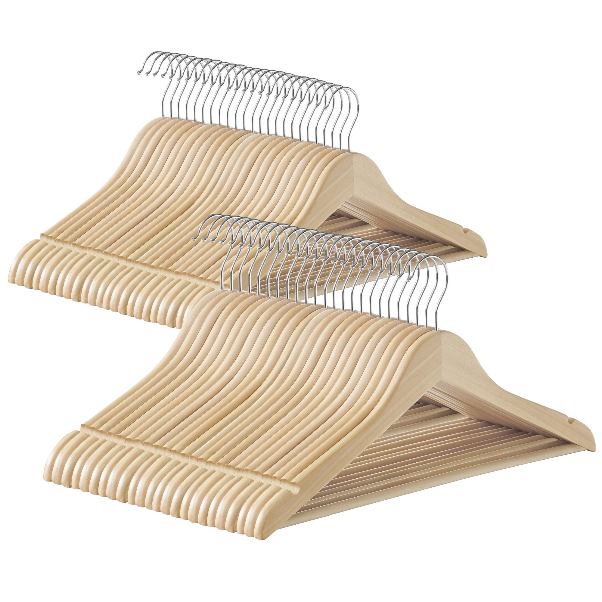 Houten Kledinghangers - Set van 48 - Met Schouderinkepingen - Broekstang - Naturel Beige