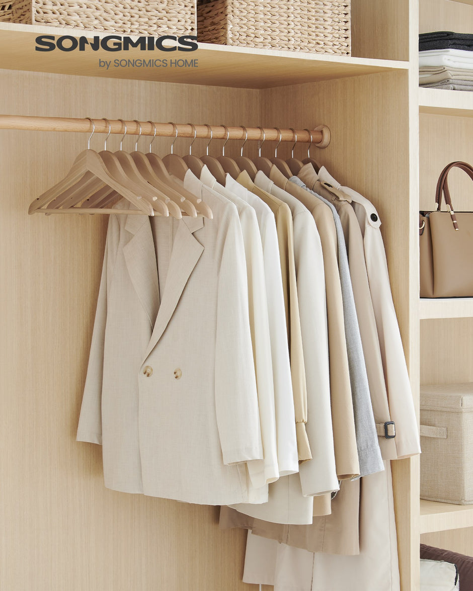 Houten Kledinghangers - Set van 48 - Met Schouderinkepingen - Broekstang - Naturel Beige