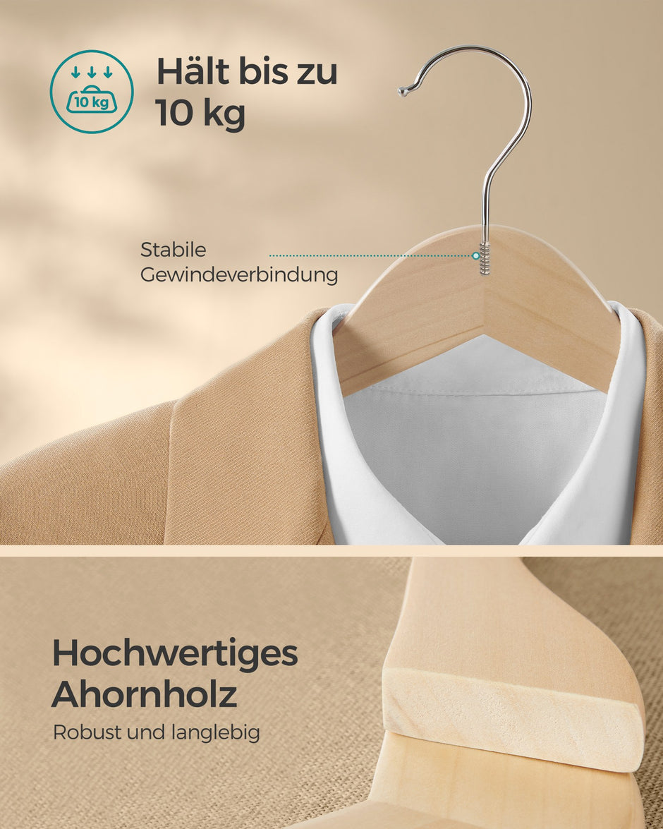 Houten Kledinghangers - Set van 48 - Met Schouderinkepingen - Broekstang - Naturel Beige