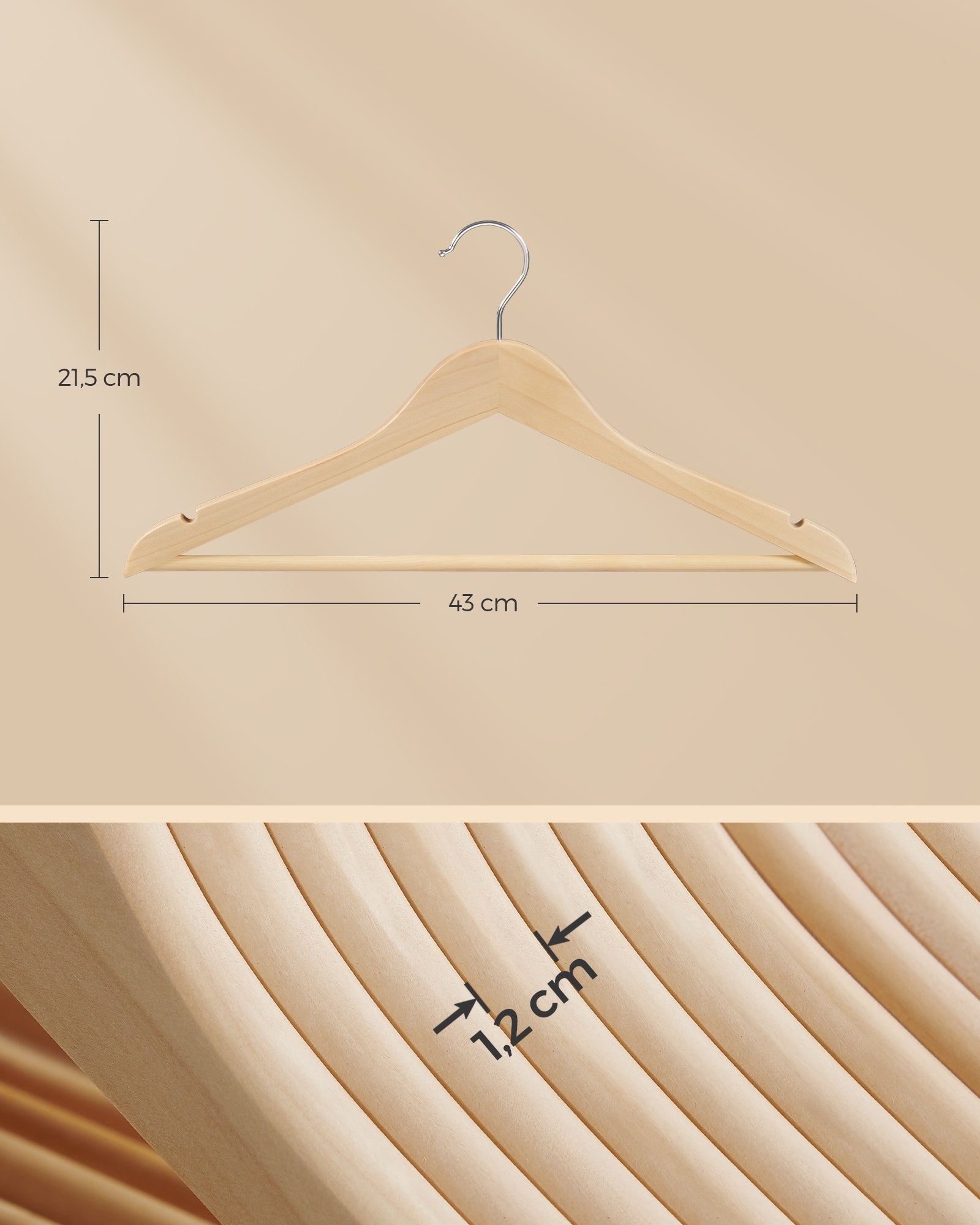 Houten Kledinghangers - Set van 48 - Met Schouderinkepingen - Broekstang - Naturel Beige
