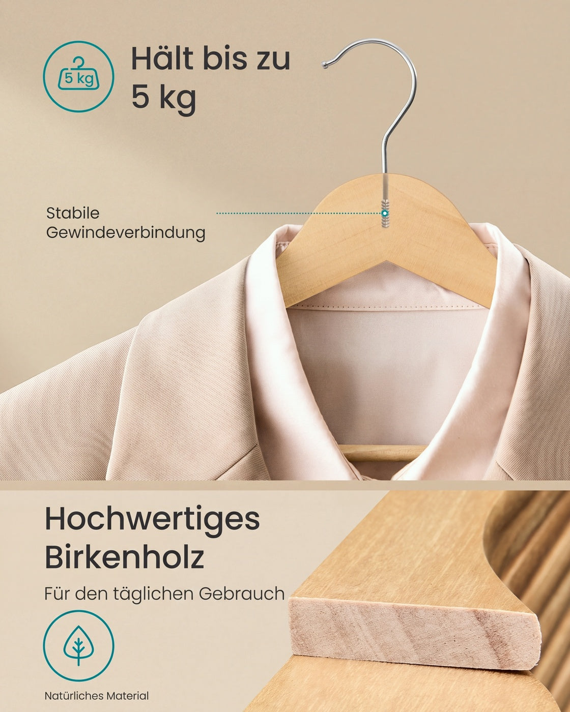 Houten Kledinghangers – Set van 50 – Berkenhout – 360° Draaibare Haak – Ruimtebesparend – Naturel