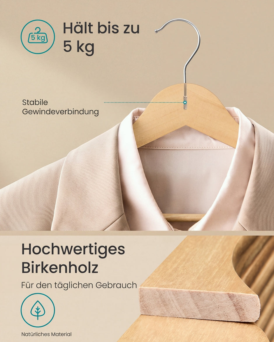 Houten Kledinghangers – Set van 50 – Berkenhout – 360° Draaibare Haak – Ruimtebesparend – Naturel