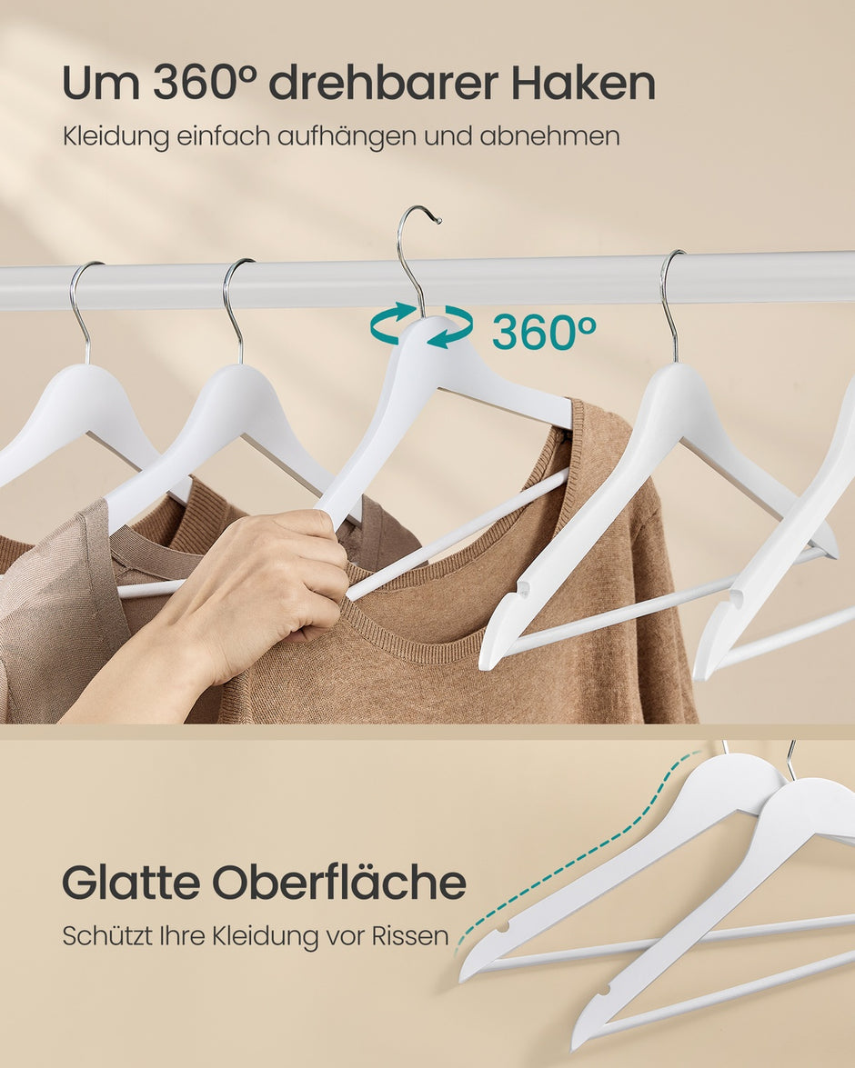 Houten Kledinghangers – Set van 50 – Berkenhout – 360° Draaibare Haak – Ruimtebesparend – Wit