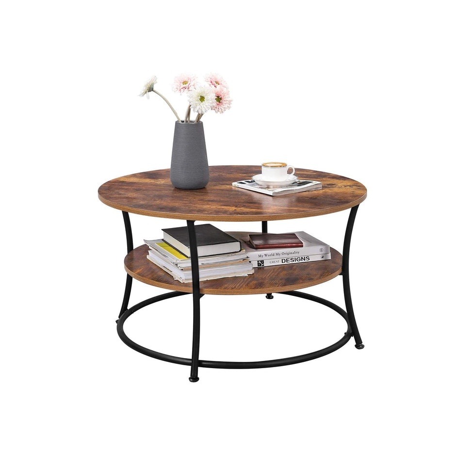 Soffbord – Runt sidobord med 2 hyllplan – Vintage brun