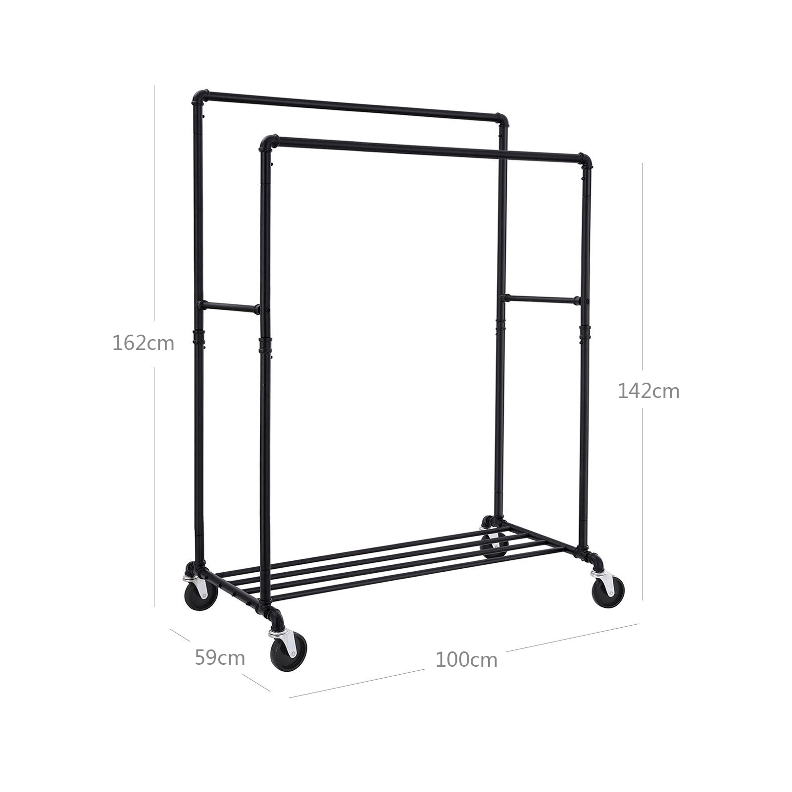 Klädställ - tungmetallstandard på hjul - upp till 110 kg lastkapacitet - svart