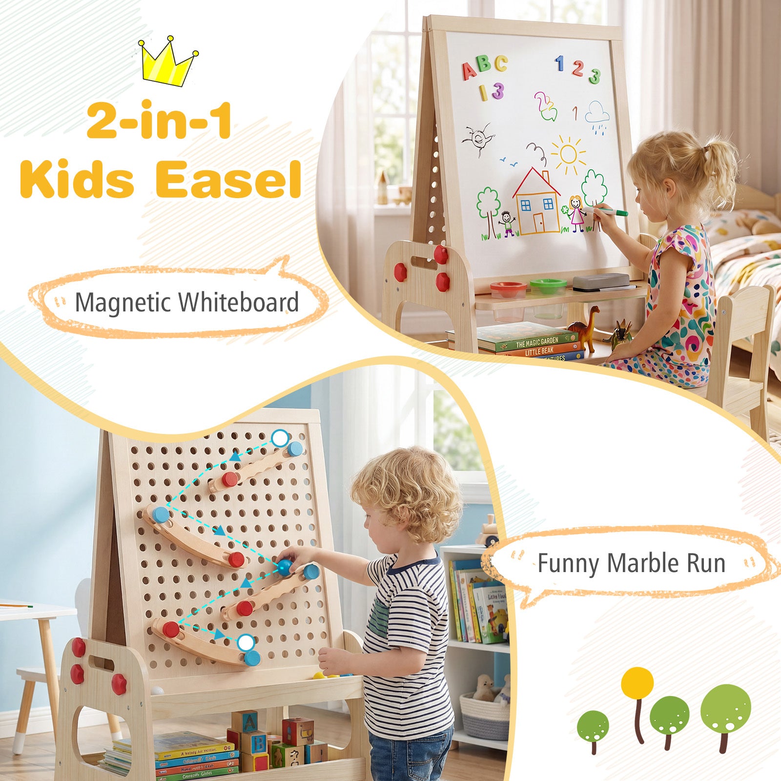 Dubbel – sidig trästaffli, barnstaffli med magnetisk whiteboard, för från år – 3