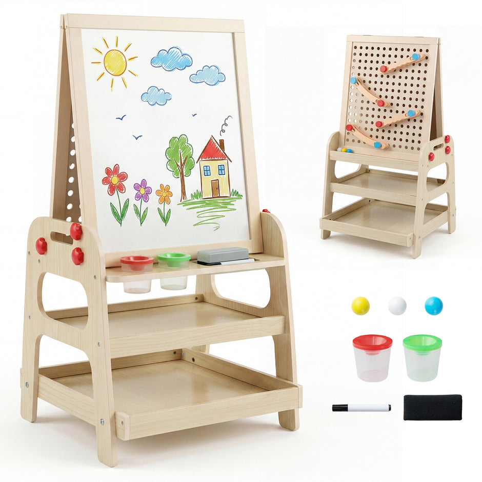 Dubbel – sidig trästaffli, barnstaffli med magnetisk whiteboard, för från år – 3
