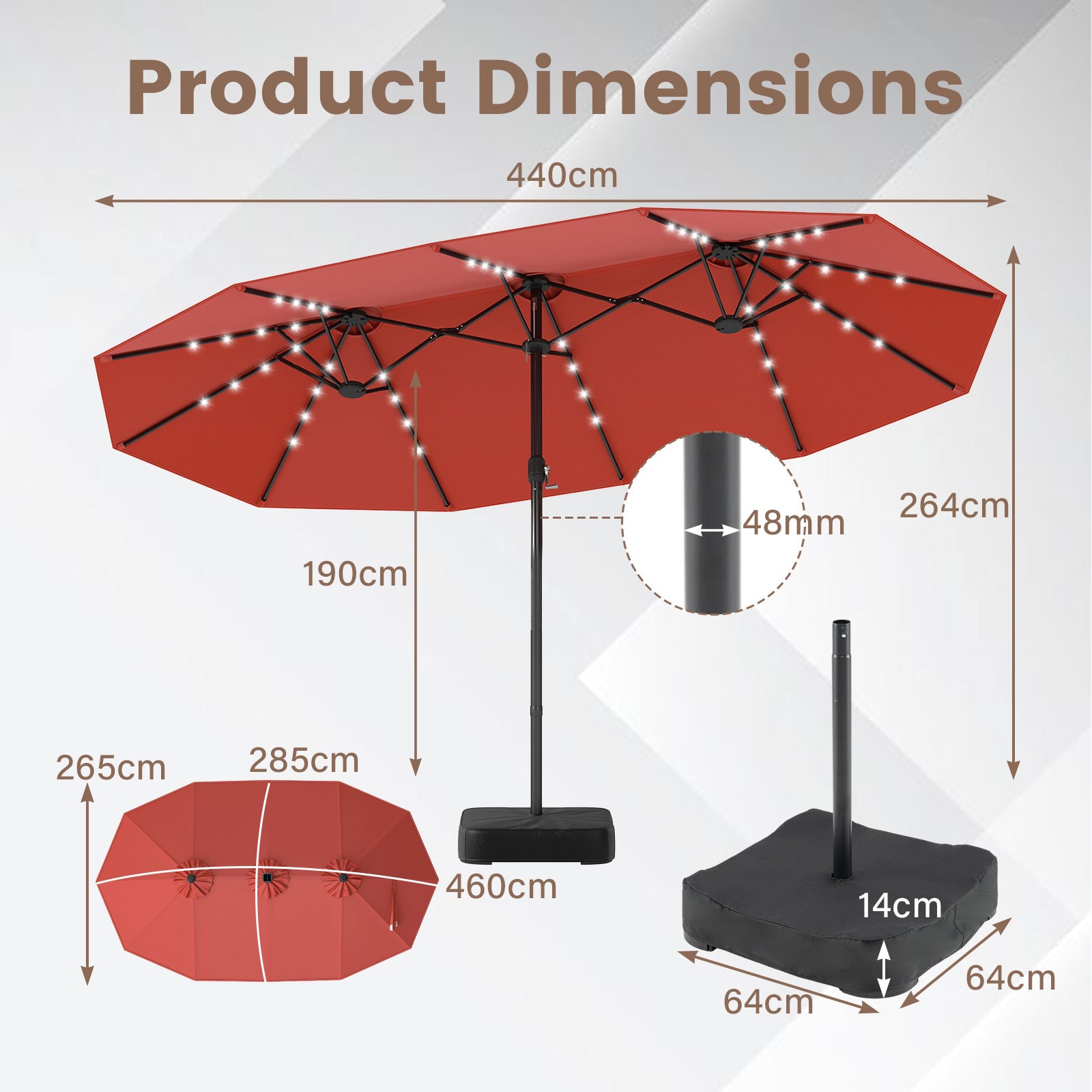 Dubbelparasoll – med LED belysning vev och stativ – 460 x 285 cm – Orange