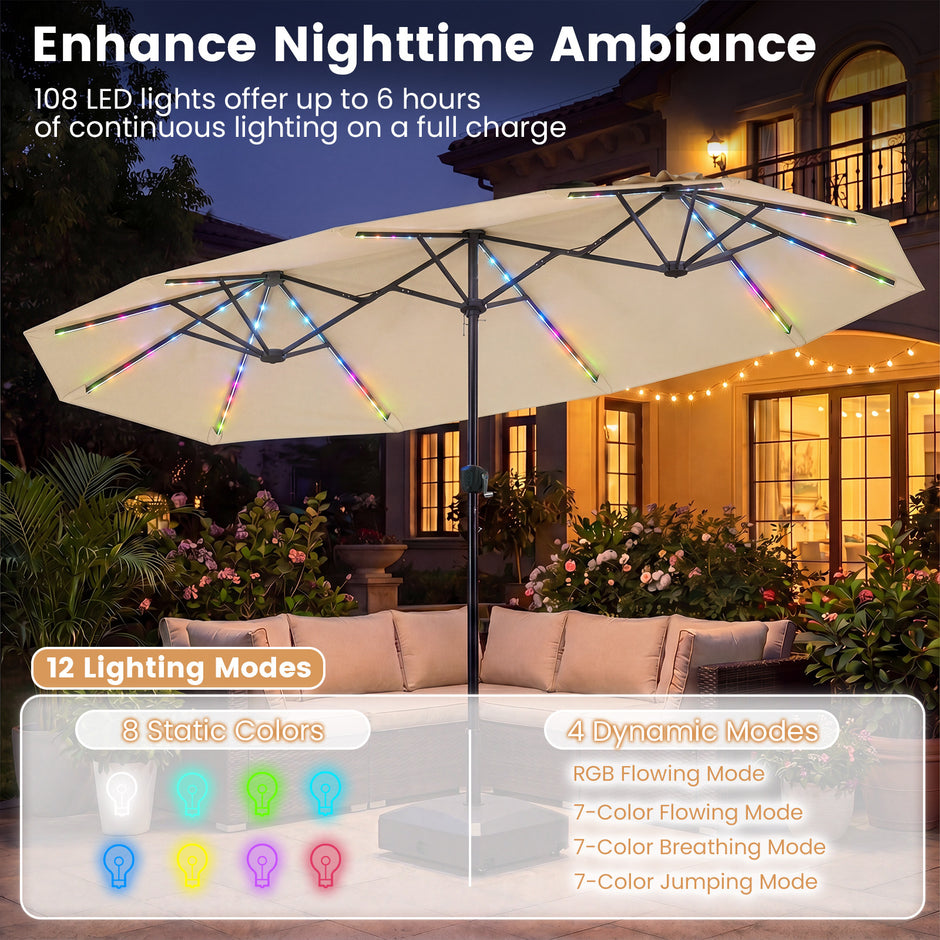 Dubbelsolparasoll – med LED belysning rektangulärt trädgårdsparassoll – 400 x 210 cm – Beige