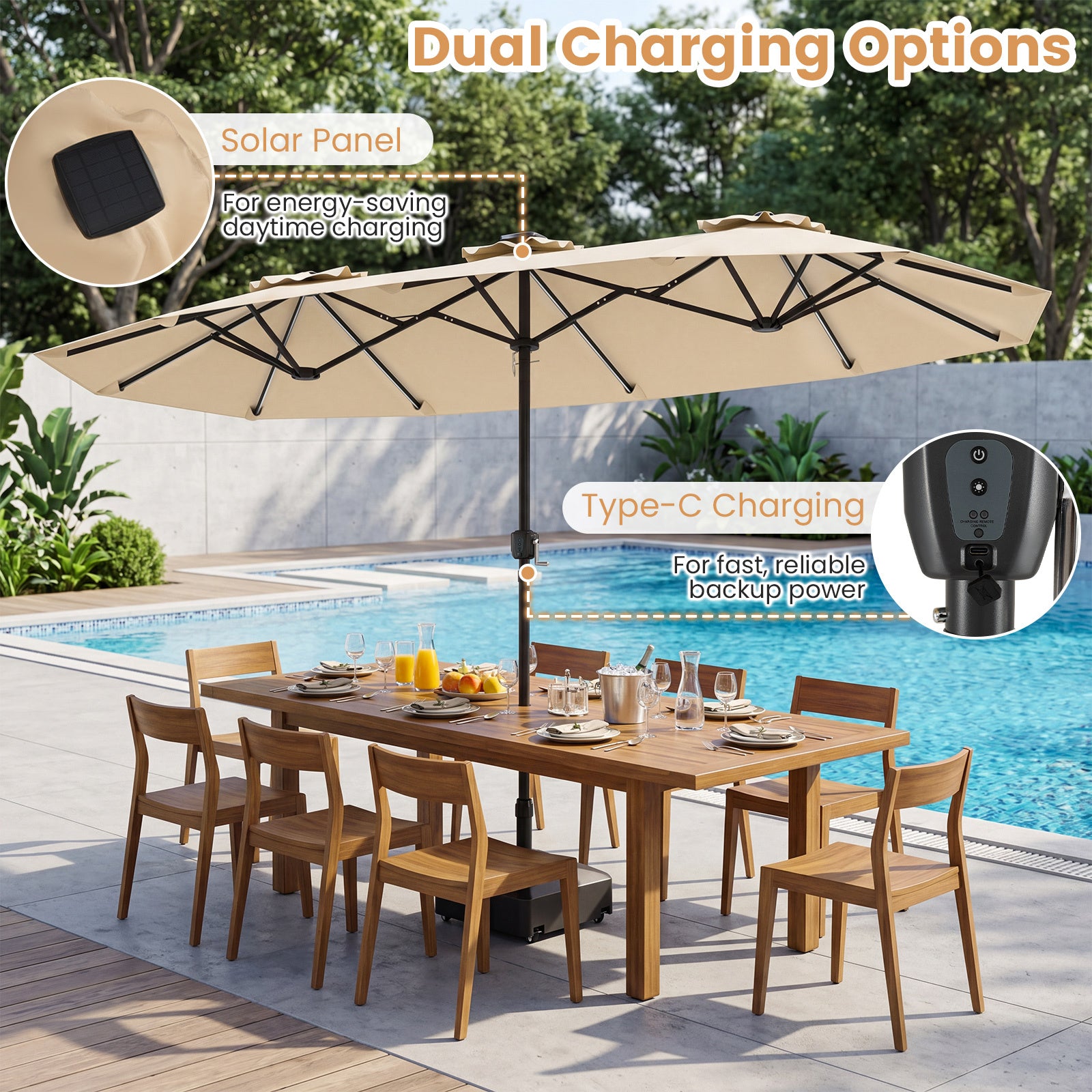 Dubbelsolparasoll – med LED belysning rektangulärt trädgårdsparassoll – 400 x 210 cm – Beige