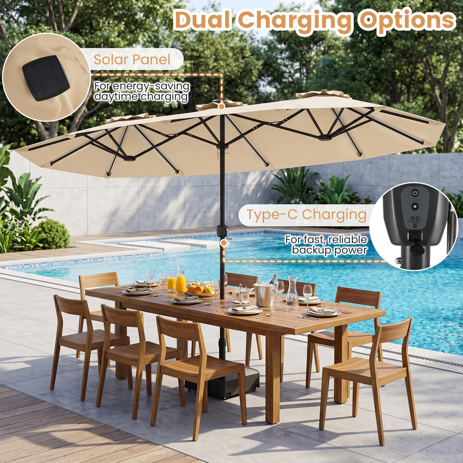 Dubbelsolparasoll – med LED belysning rektangulärt trädgårdsparassoll – 400 x 210 cm – Beige