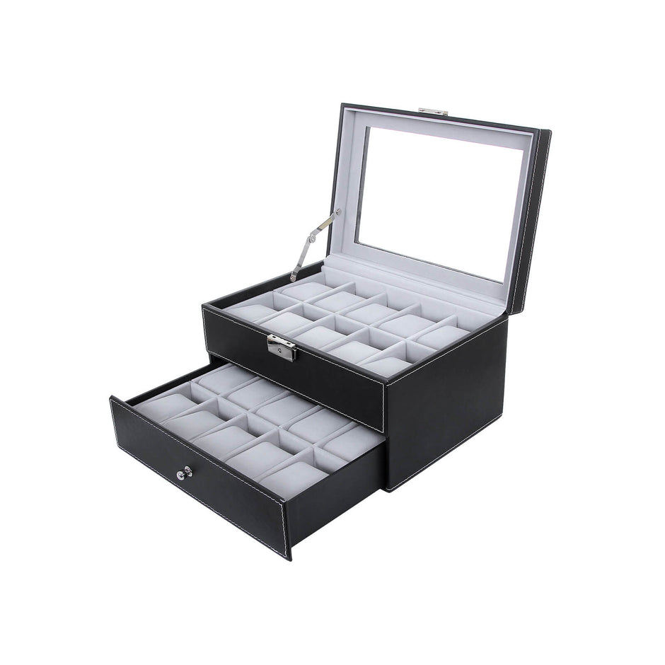 Watchbox - 20 klockor - glaslock - svart