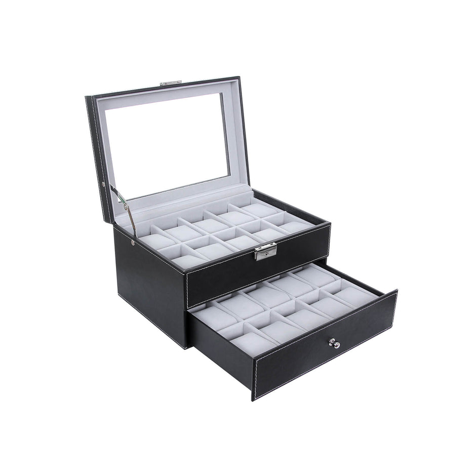 Watchbox - 20 klockor - glaslock - svart