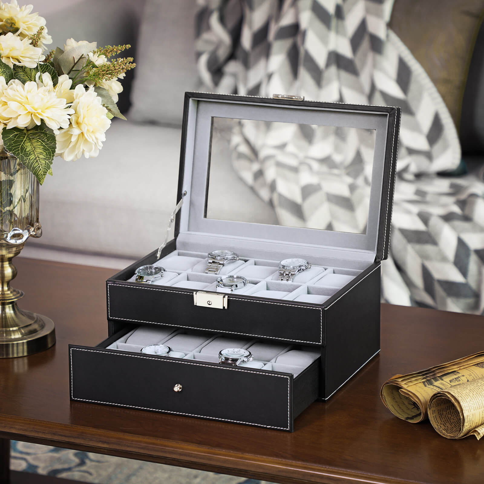 Watchbox - 20 klockor - glaslock - svart