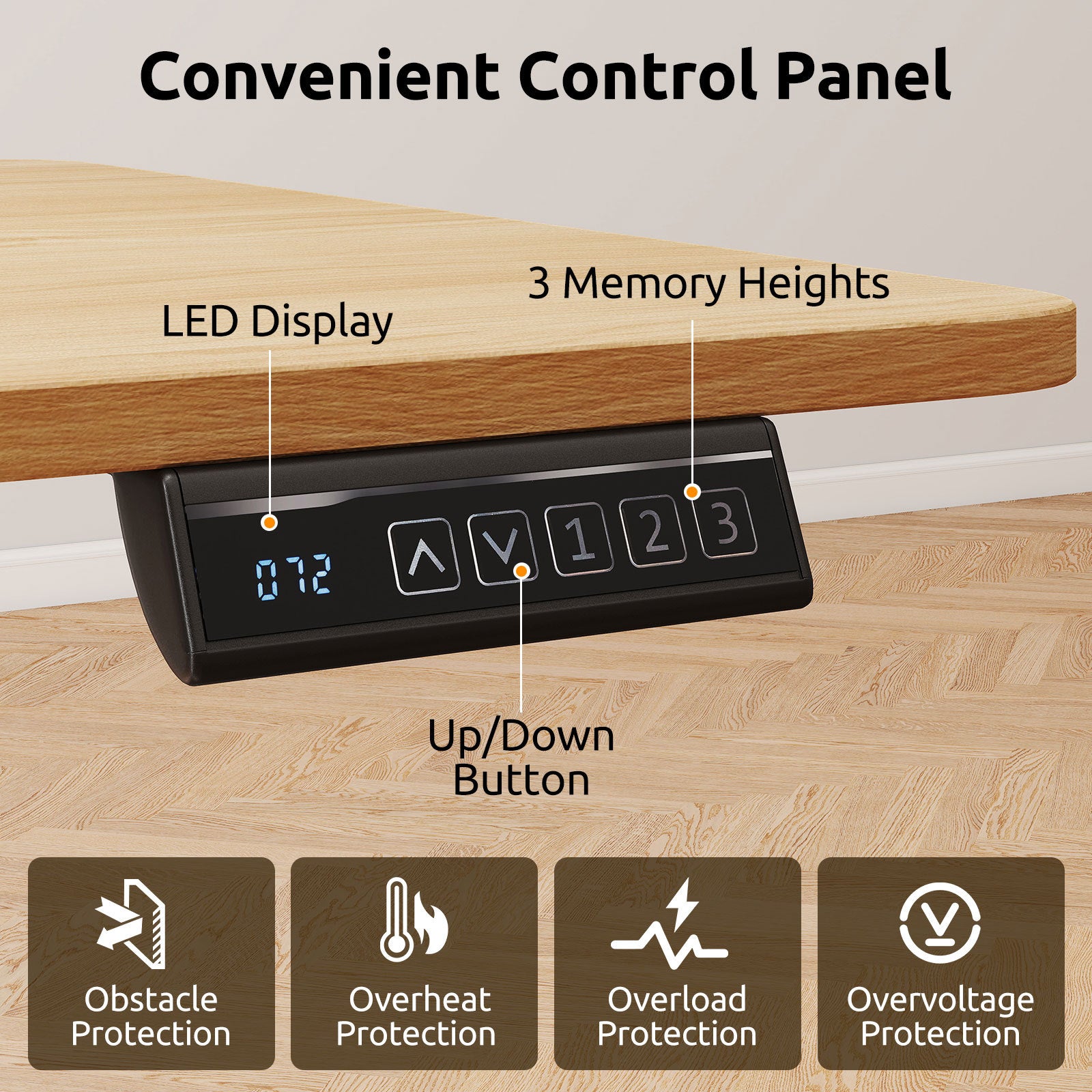 Elektriskt – höjdjusterbart skrivbord med LED panel och T metallram naturfärg – 140 x 60 cm