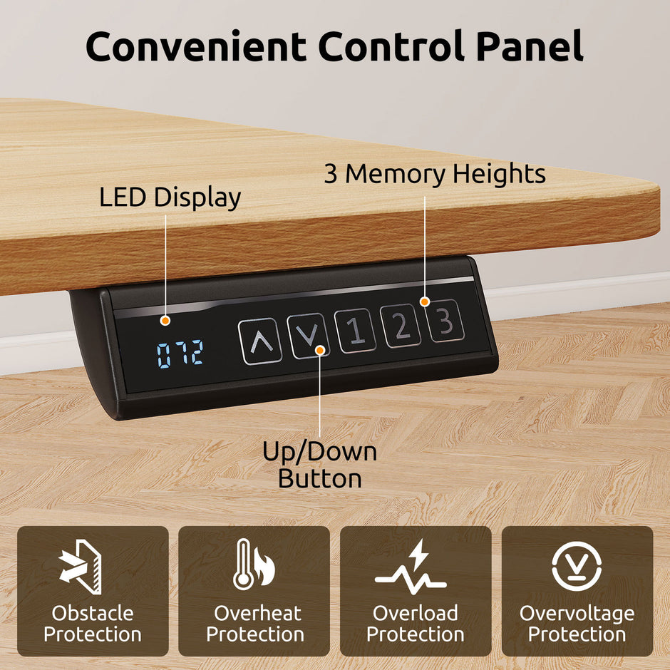 Elektriskt – höjdjusterbart skrivbord med LED panel och T metallram naturfärg – 140 x 60 cm