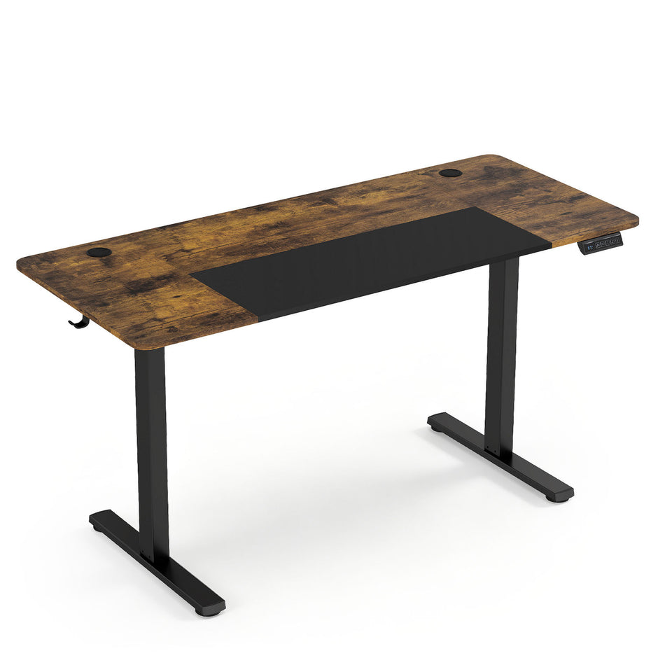 Elektriskt – höjjusterbart skrivbord med LED‑kontrollpanel och T‑formad metallram rustikbrunt – 140 x 60 cm