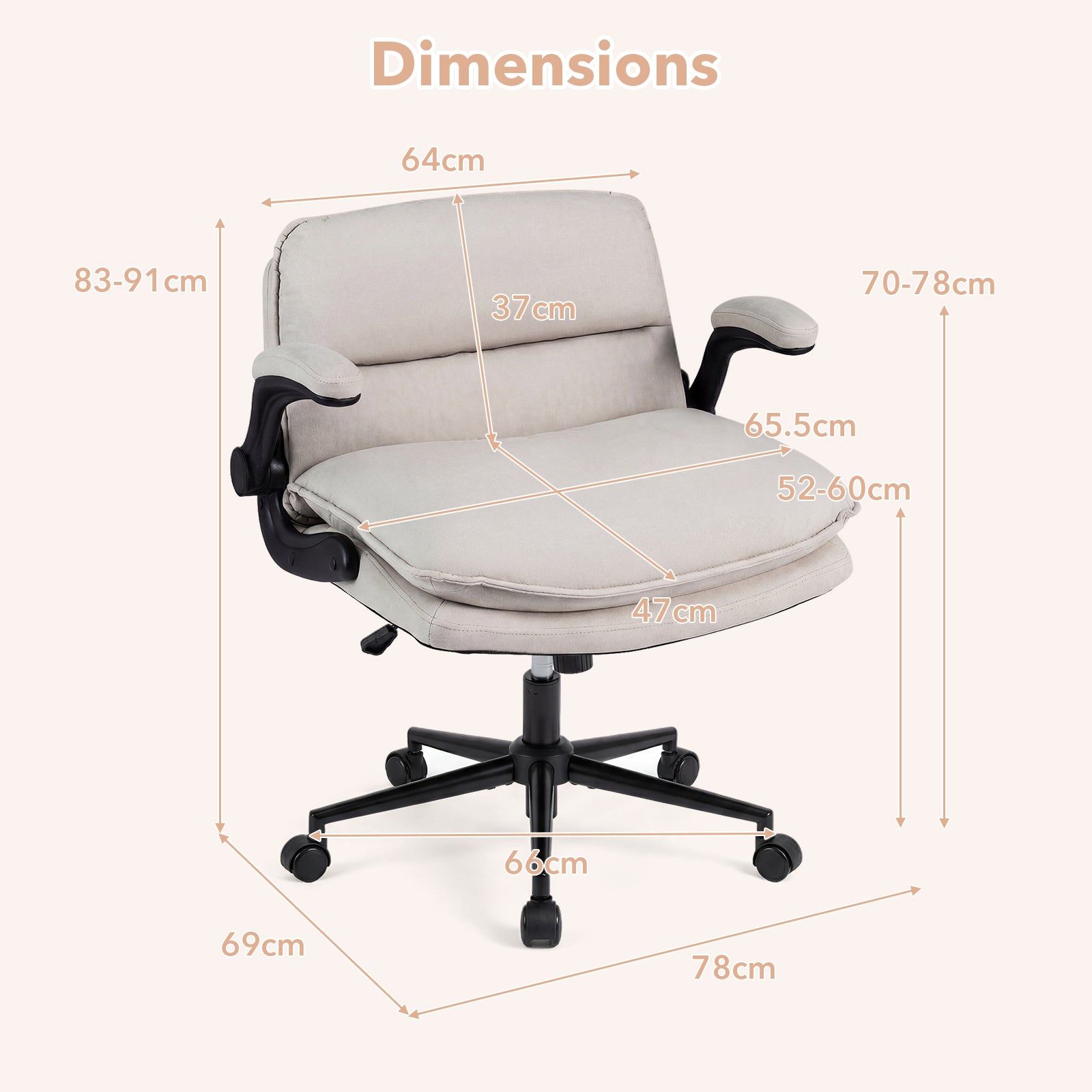 Ergonomisk – kontorsstol Höjdjusterbar snurrstol med gungfunktion Stöder upp till – 150 kg – Beige