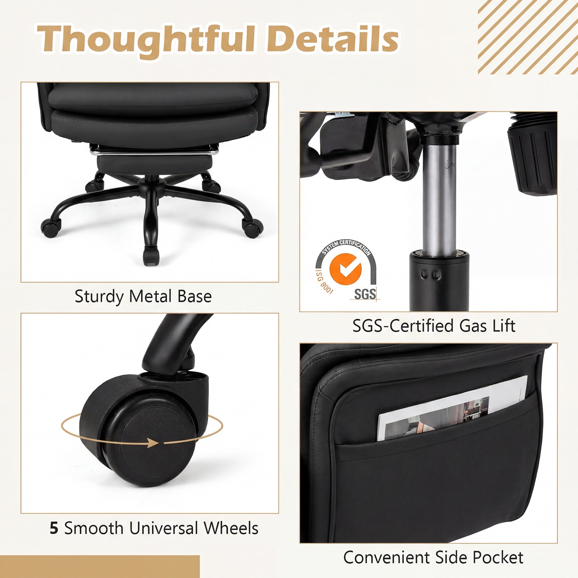Ergonomisk – kontorsstol, höjdjusterbar chefsstol med hjul och utdragbart fotstöd – 5