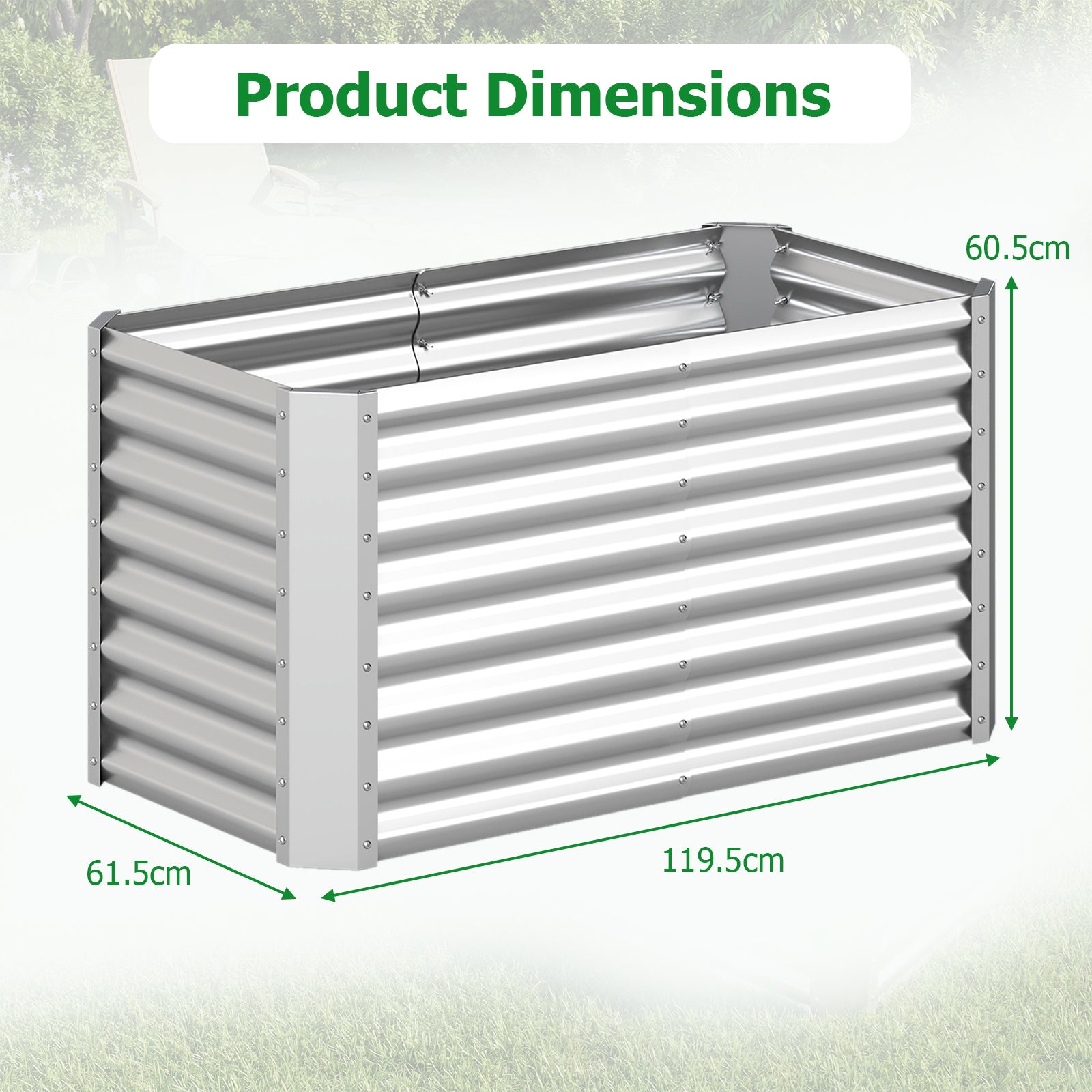 Förhöjd – planteringslåda i metall, rektangulär odlingslåda av galvaniserad plåt med öppen botten – 119,5 x 61,5 x 60,5 cm