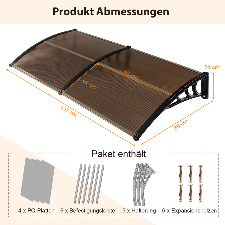 Förtak – för ytterdörr, i polykarbonat med aluminiumstänger och PP‑fästen – 197 x 89 cm