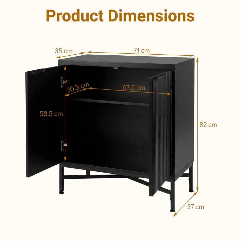 Förvaringsskåp, – sideboard i trä med räfflade dörrar och stabil metallställning