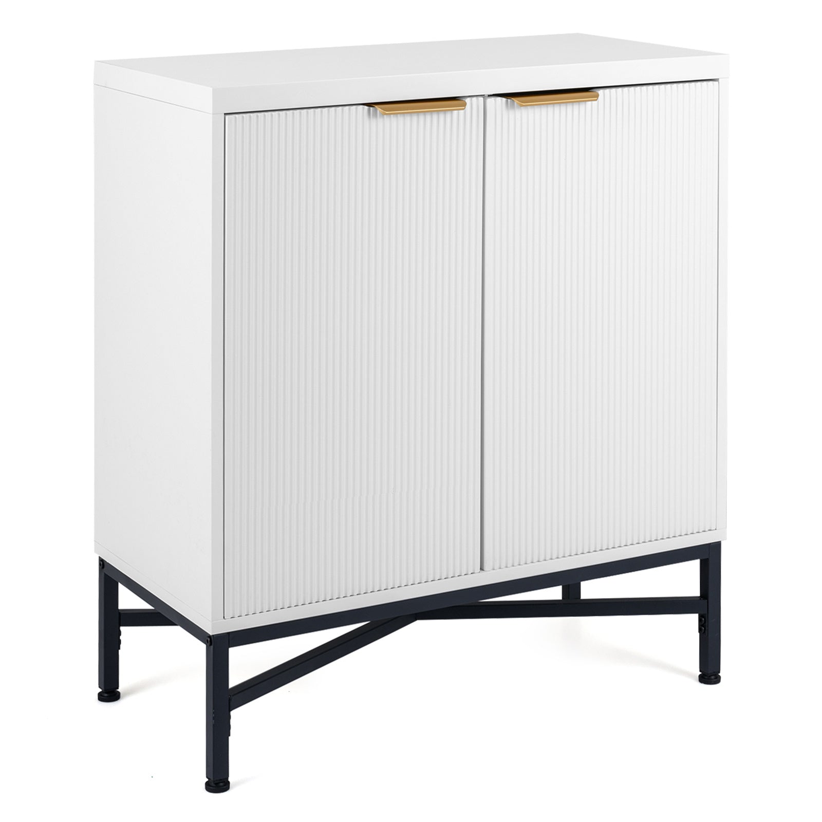 Förvaringsskåp, – sideboard i trä med räfflade dörrar och stabil metallställning, vitt
