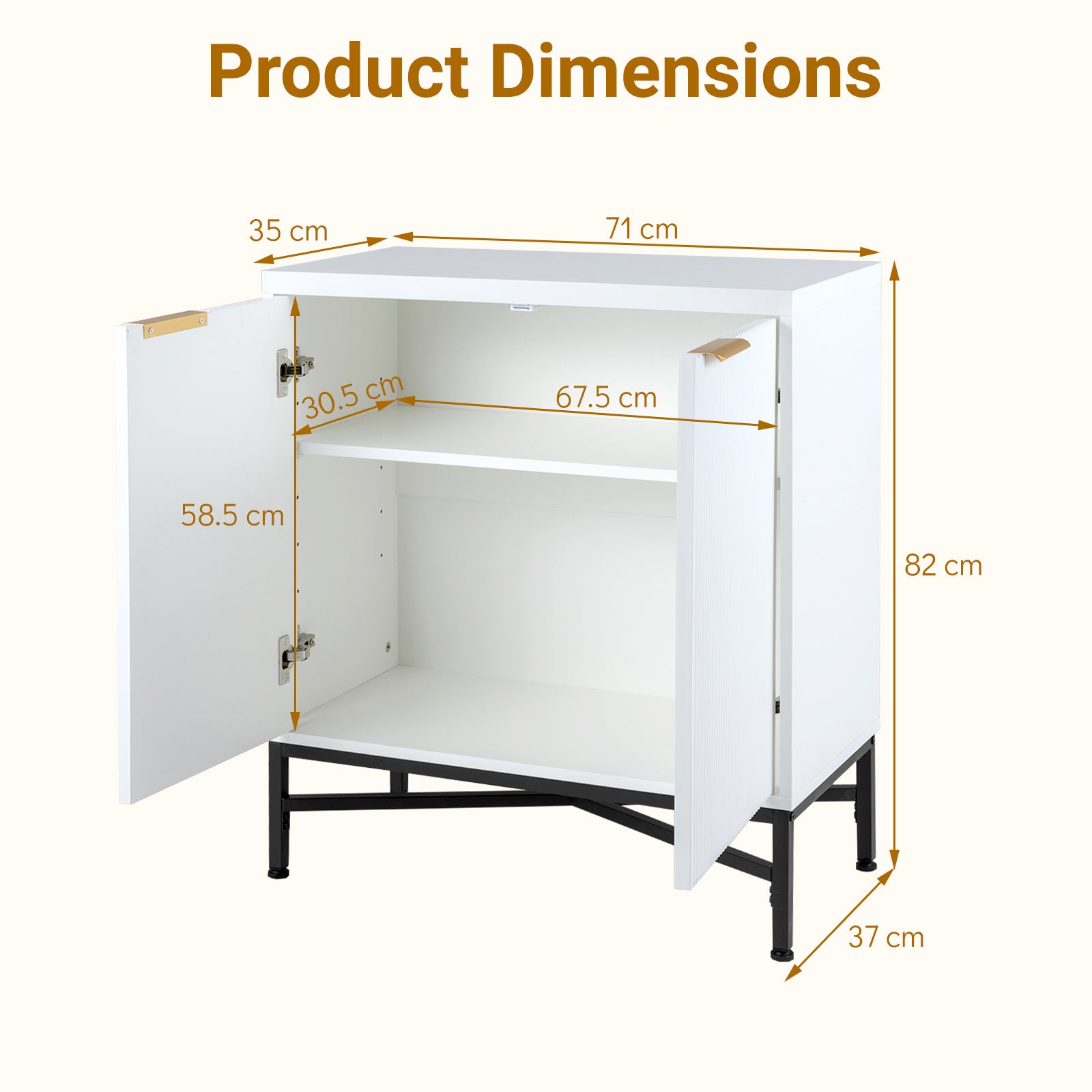 Förvaringsskåp, – sideboard i trä med räfflade dörrar och stabil metallställning, vitt
