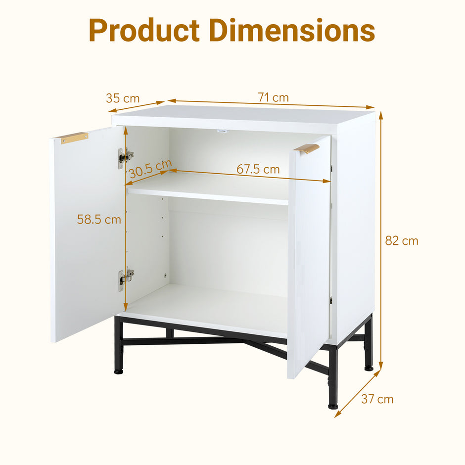 Förvaringsskåp, – sideboard i trä med räfflade dörrar och stabil metallställning, vitt