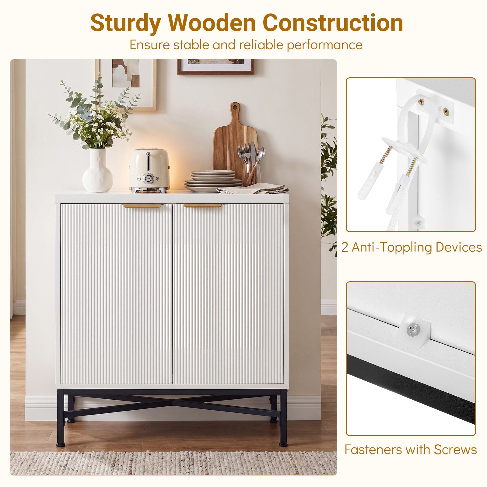 Förvaringsskåp, – sideboard i trä med räfflade dörrar och stabil metallställning, vitt