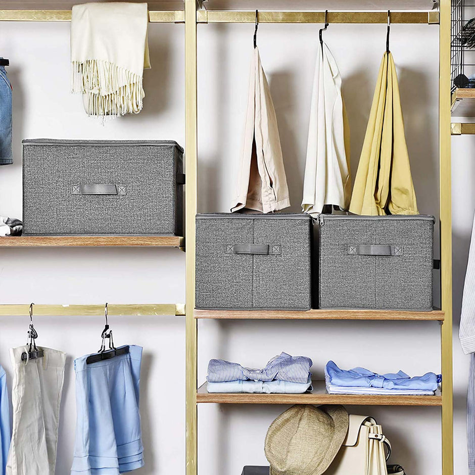 Förvaringsboxar – Set om 3 med lock och handtag – Grå