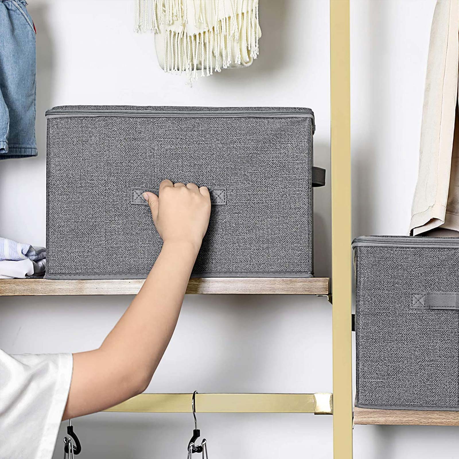 Förvaringsboxar – Set om 3 med lock och handtag – Grå