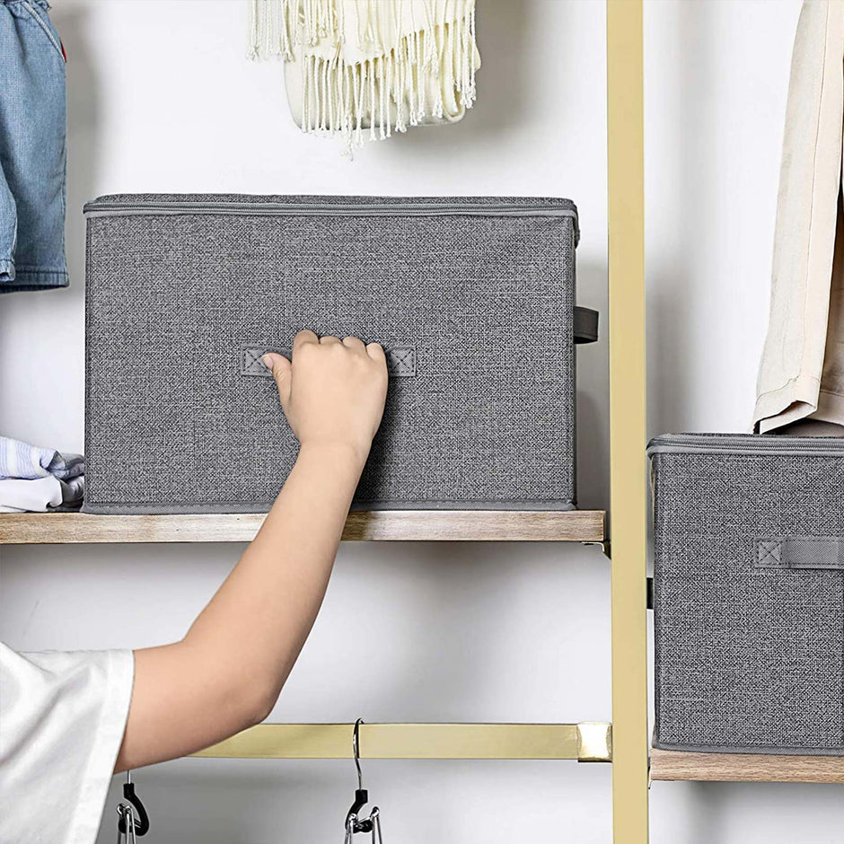 Förvaringsboxar – Set om 3 med lock och handtag – Grå