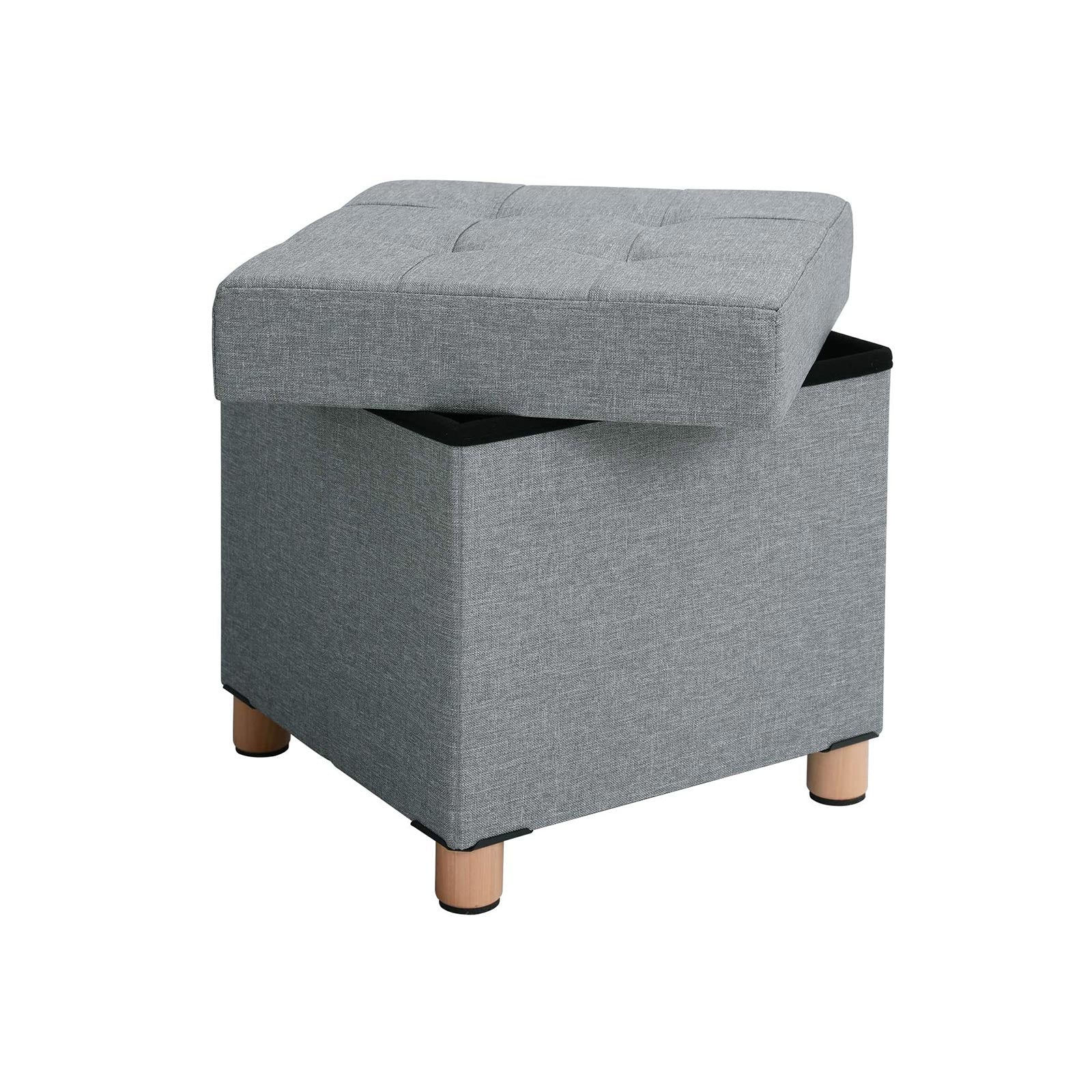 Pouf - med förvaringsutrymme - träben - säteslåda - beige