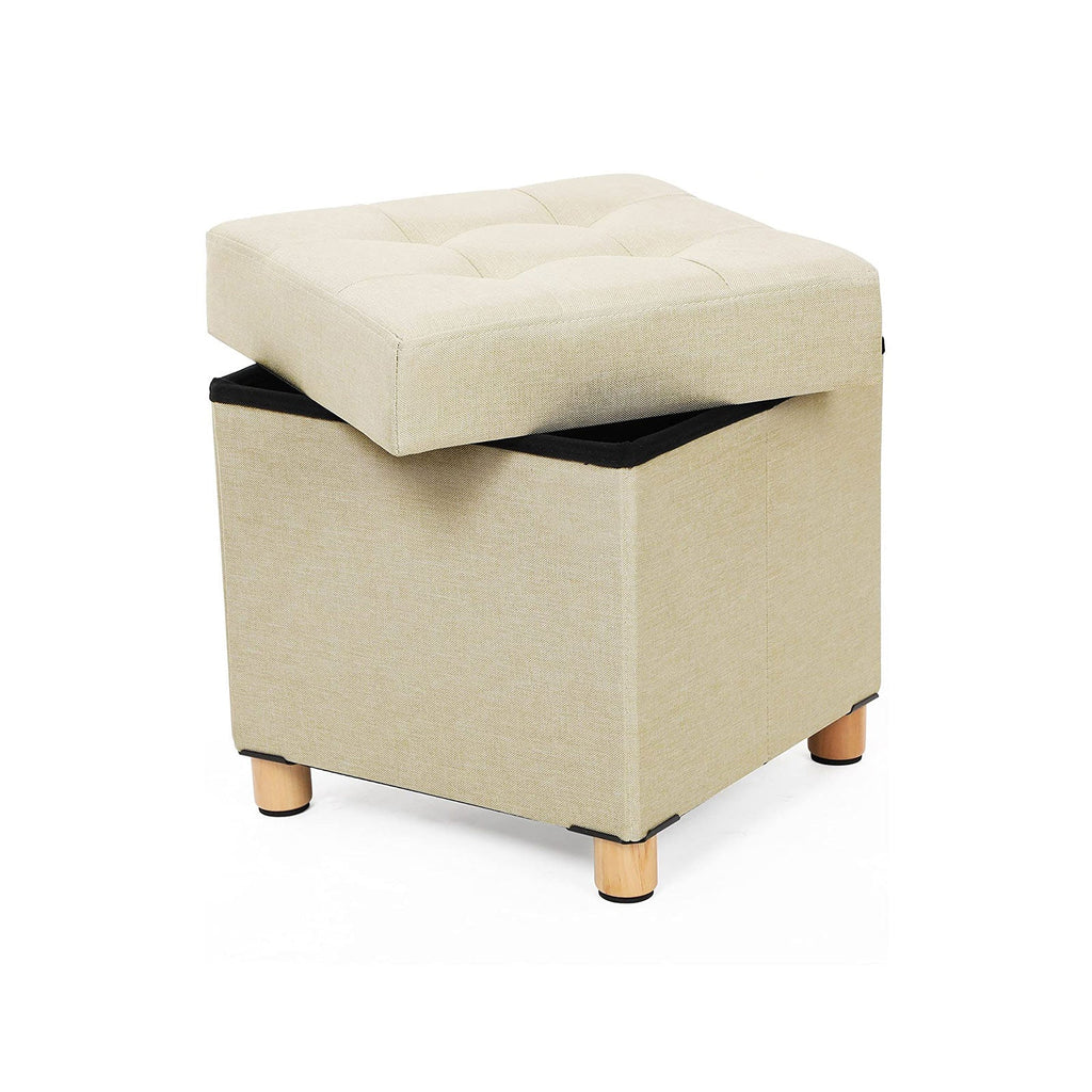 Pouf - med förvaringsutrymme - träben - säteslåda - beige