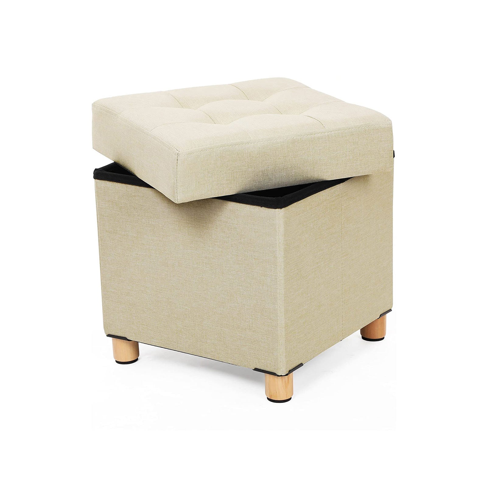 Pouf - med förvaringsutrymme - träben - säteslåda - beige