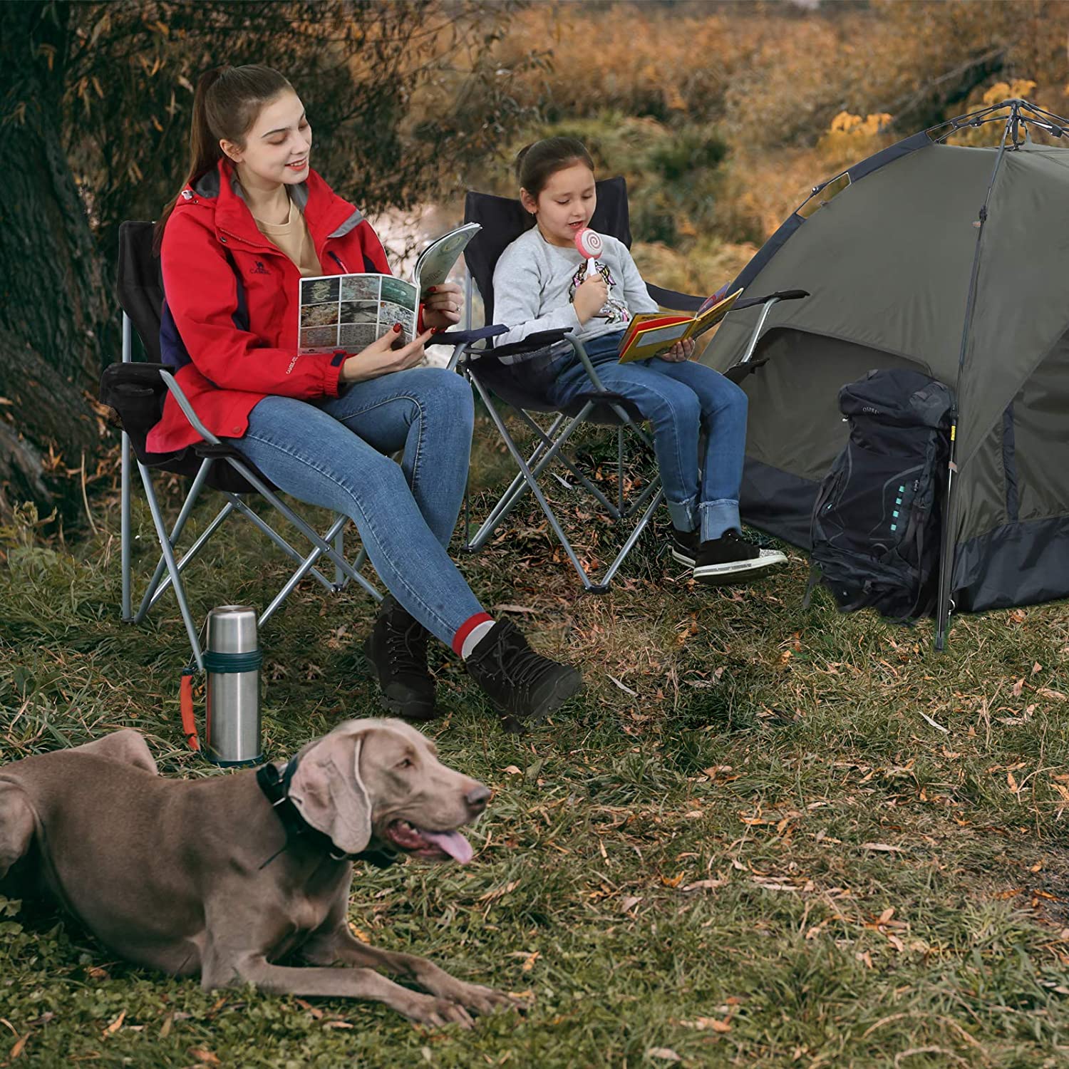 Campingstolar – Set om 2 med armstöd och mugghållare – Svart