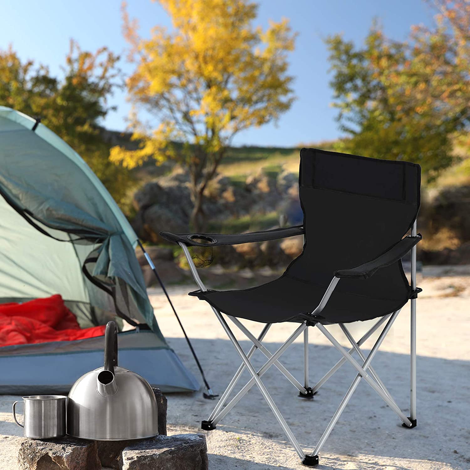 Campingstolar - uppsättning av 2 vikstolar - utomhus - med armstöd och kopphållare - svart