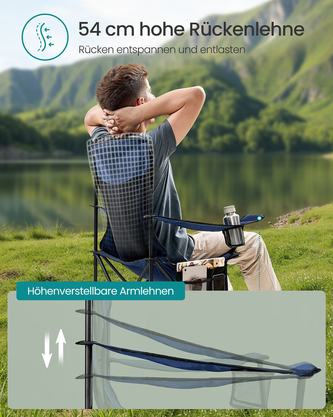 Campingstolar set om 2 – Justerbara armstöd – Hamnblå