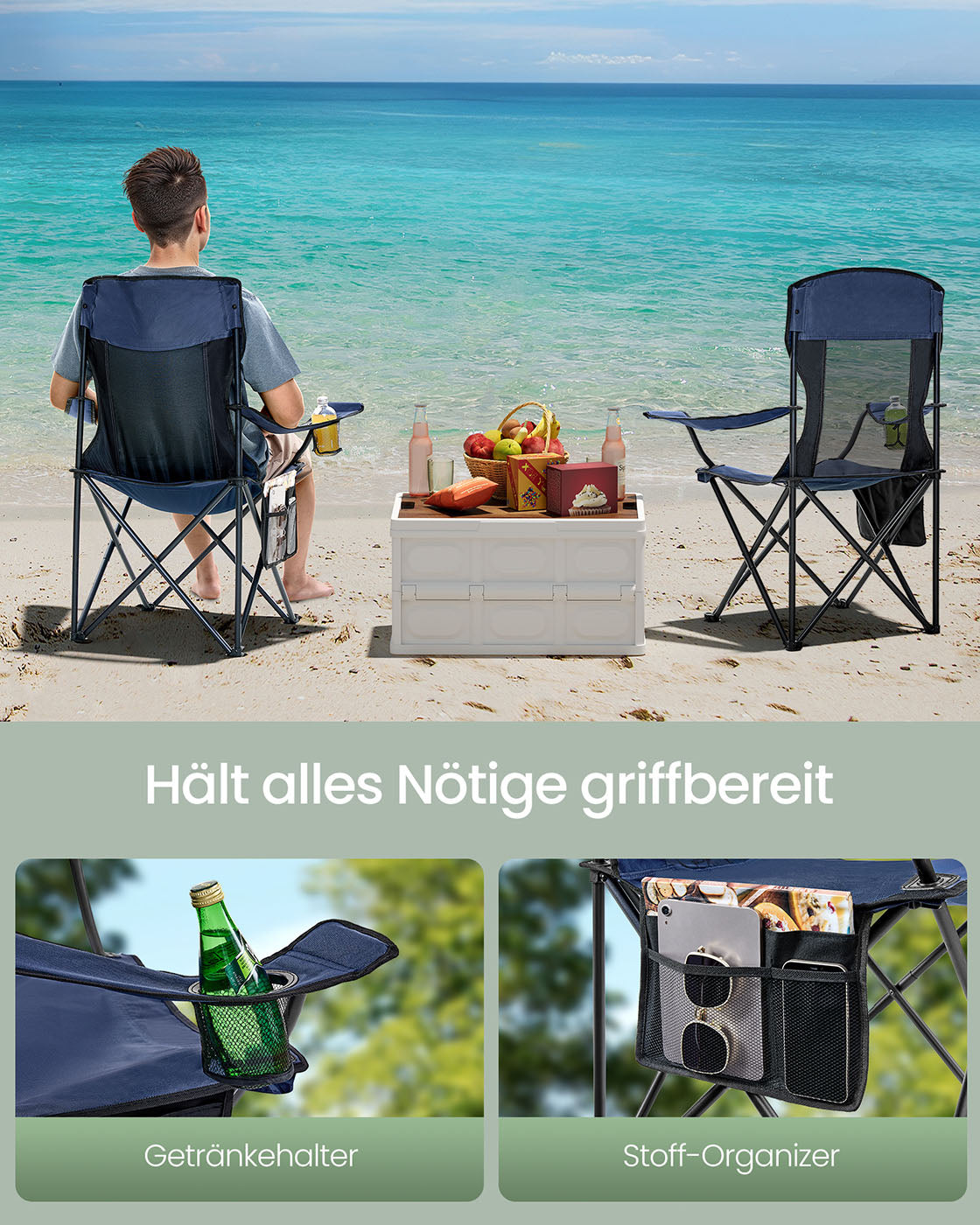 Campingstolar uppsättning av 2 med justerbara armstöd, hamnblå